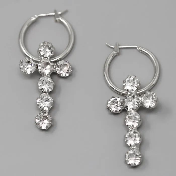 Cross Glass Stone Pave Hoop Earrings