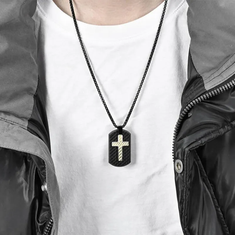 Cross Pendant Black Stainless Steel And Carbon Fiber Tag Necklace