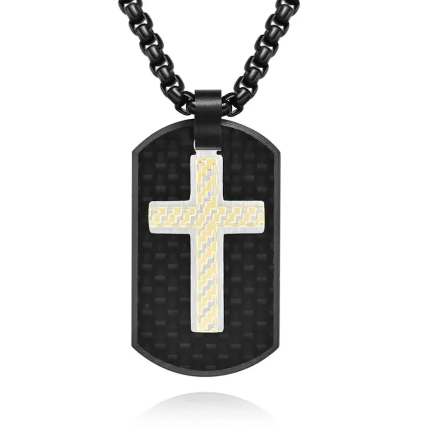 Cross Pendant Black Stainless Steel And Carbon Fiber Tag Necklace