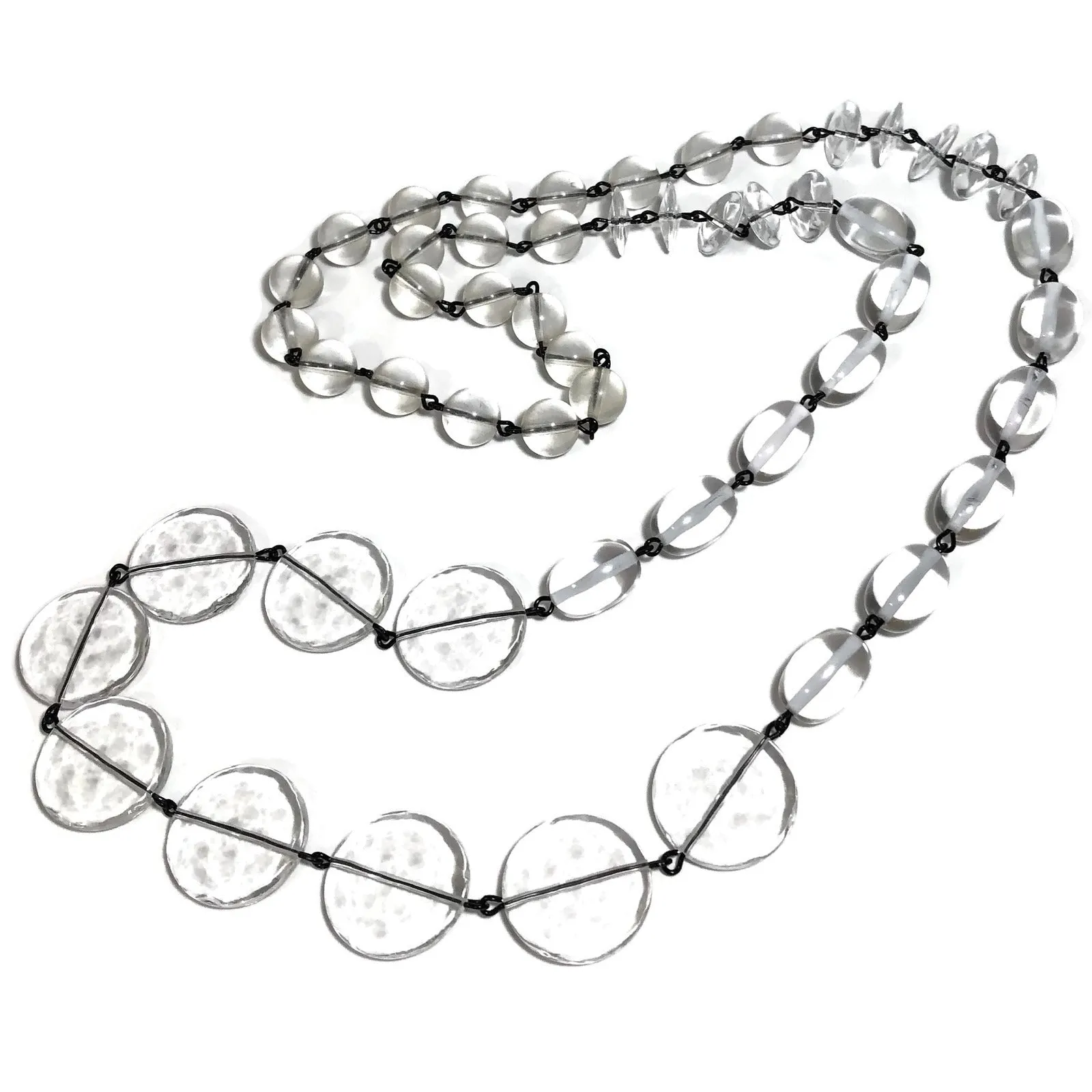 Crystal Clear & Black Rosary Chain Rope Necklace