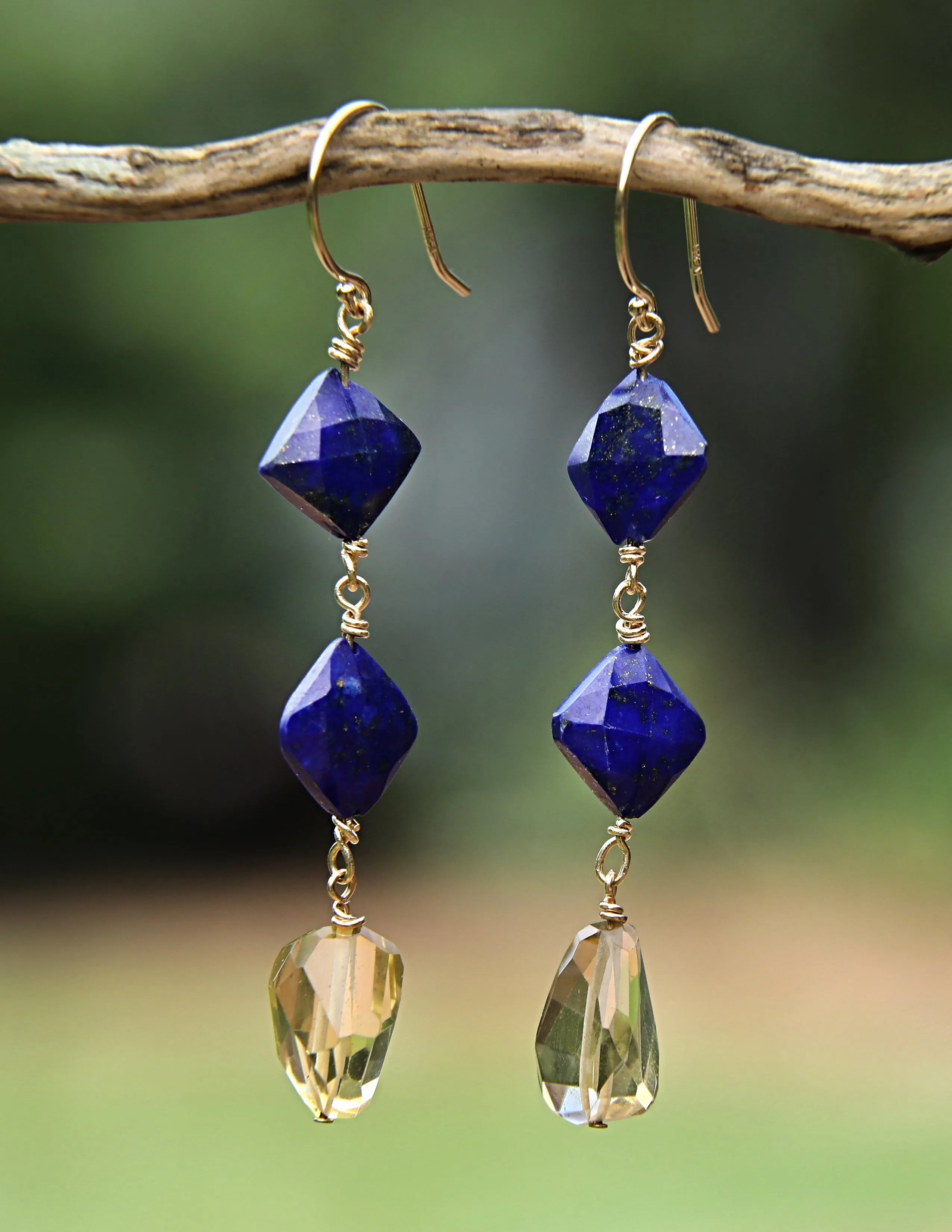 Dangle Ear Wires: Lapis Lazuli, Citrine, Gold