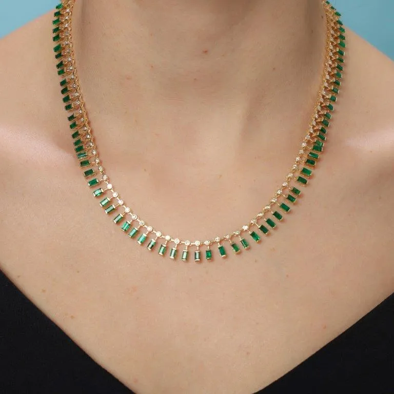 Diamond & Dangling Emerald Cut Emerald Choker Necklace (18.55 ct.) in 14K Gold