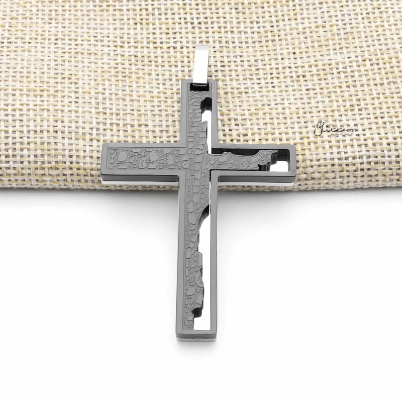 Double Layer Cross Pendant with Pattern - Black