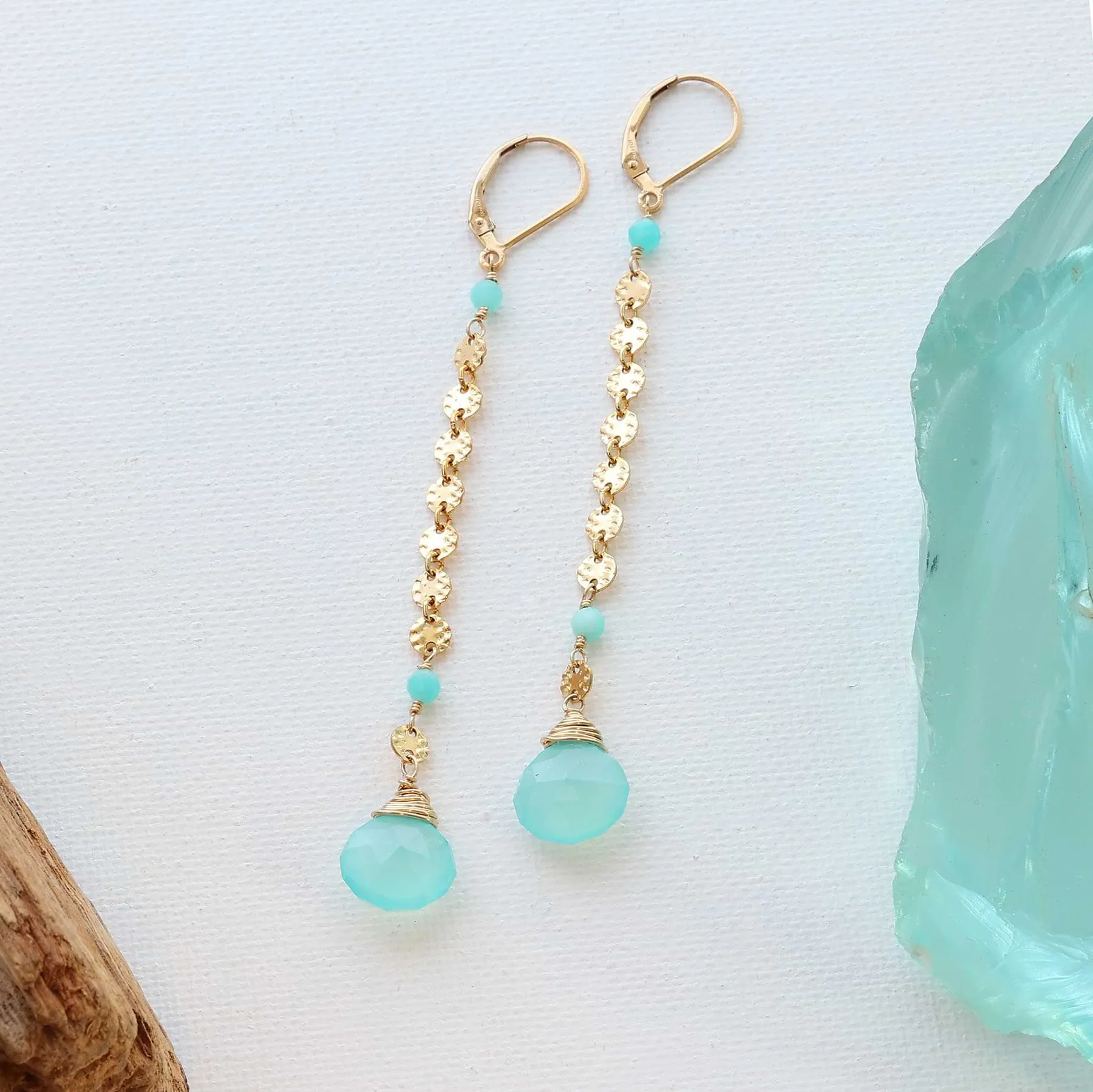 Driftwood - Aqua Chalcedony and Amazonite Gold Statement Earrings