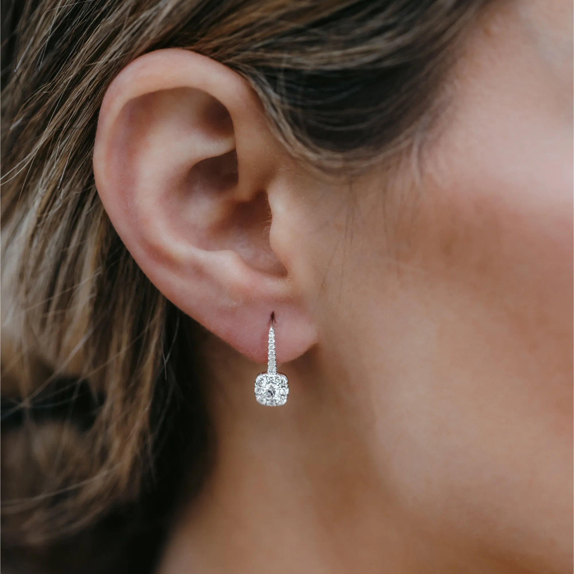 Drop Cushion Shape Halo Earrings