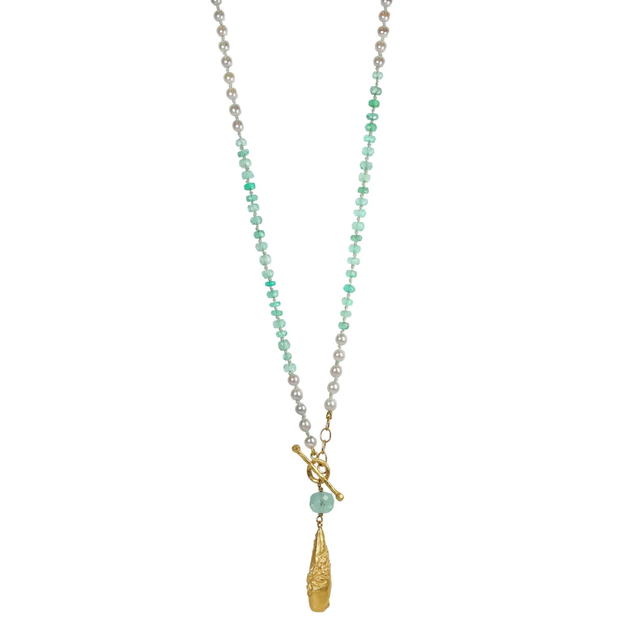 Emerald & Pearl Beaded Necklace with Vine-Wrapped Breaulette Pendant