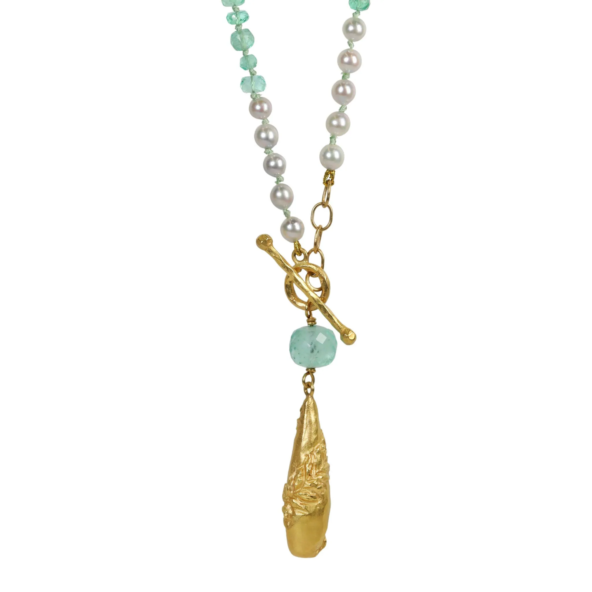 Emerald & Pearl Beaded Necklace with Vine-Wrapped Breaulette Pendant