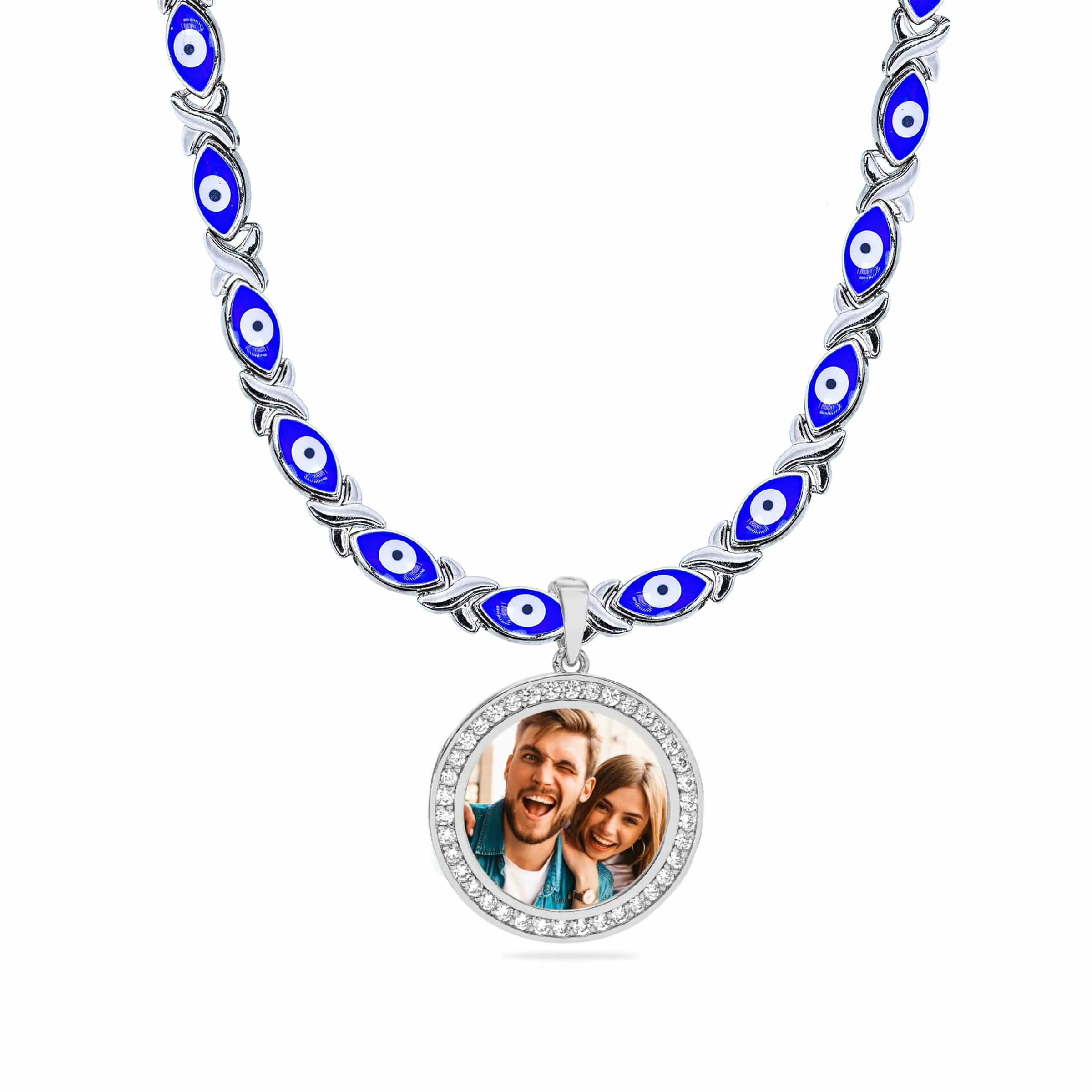 Evil Eye Xo Chain Iced Out Round Photo Pendant