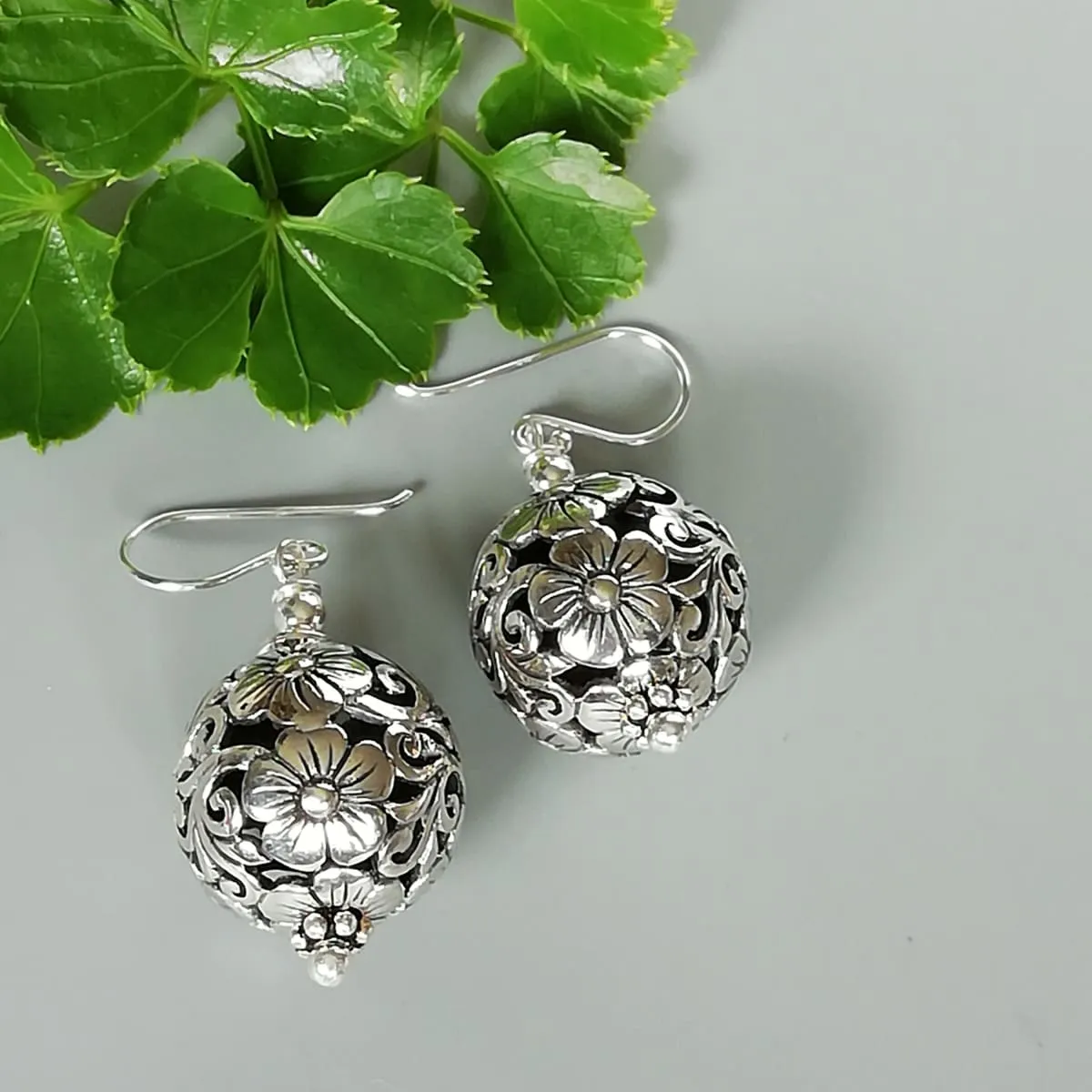 Filigree ball drop earrings | Indian earrings | Sterling silver ear dangler | Ball earrings | Silver jewelry | E971