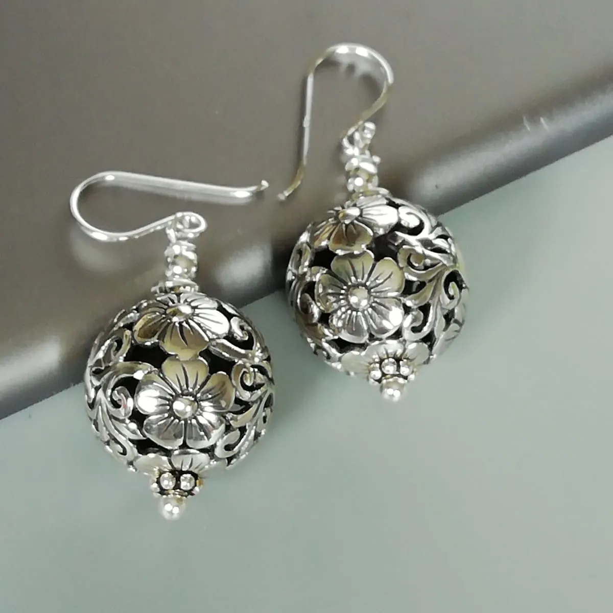 Filigree ball drop earrings | Indian earrings | Sterling silver ear dangler | Ball earrings | Silver jewelry | E971