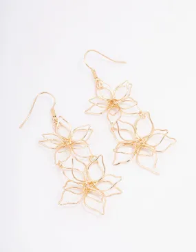 Gold Double Wire Flower Drop Earrings