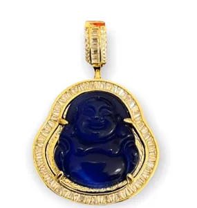 Gold Plated Agate Baguette Cubic Zirconia Laughing Buddha Pendant Necklace