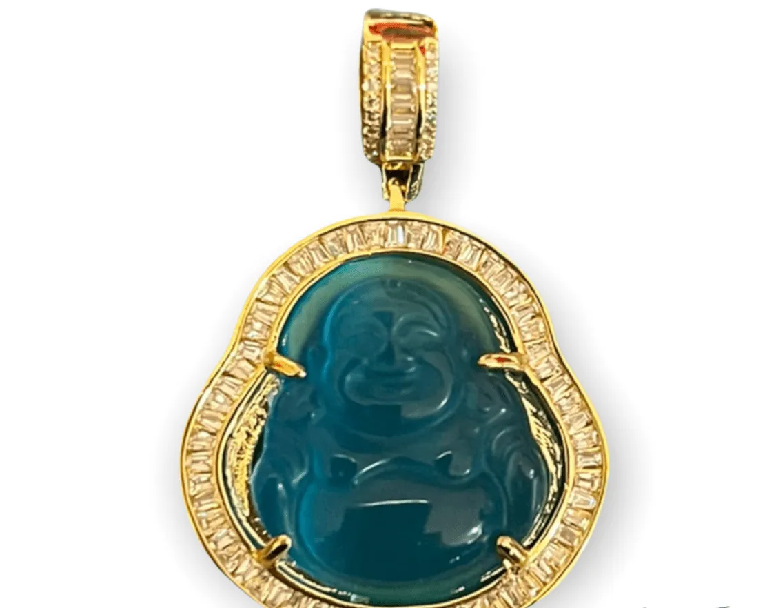 Gold Plated Agate Baguette Cubic Zirconia Laughing Buddha Pendant Necklace