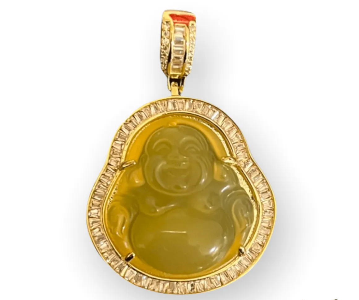 Gold Plated Agate Baguette Cubic Zirconia Laughing Buddha Pendant Necklace