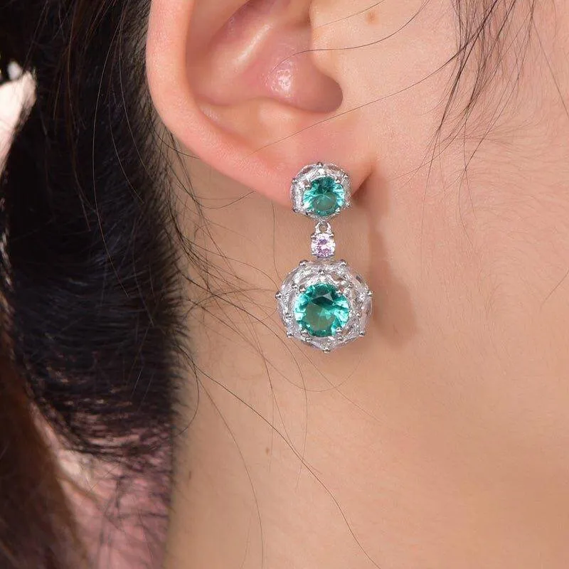 Halo Three Tone Emerald Green Drop Earrings