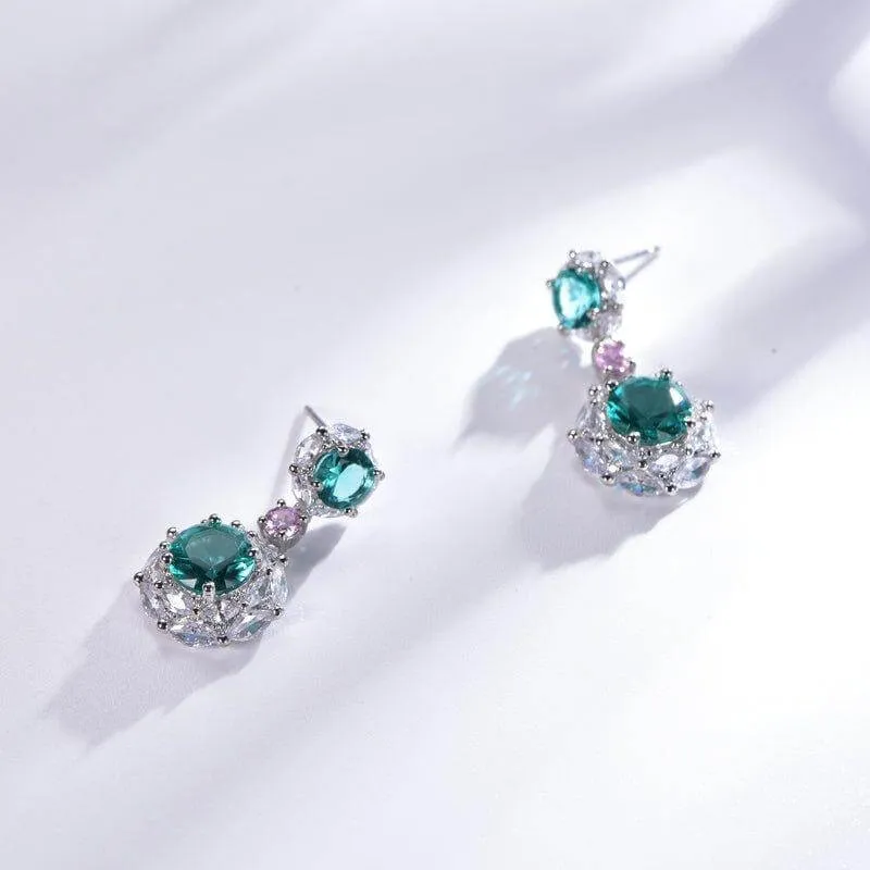 Halo Three Tone Emerald Green Drop Earrings