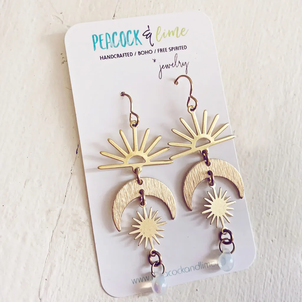 here comes the sun // sun moon and beach glass dangle earrings