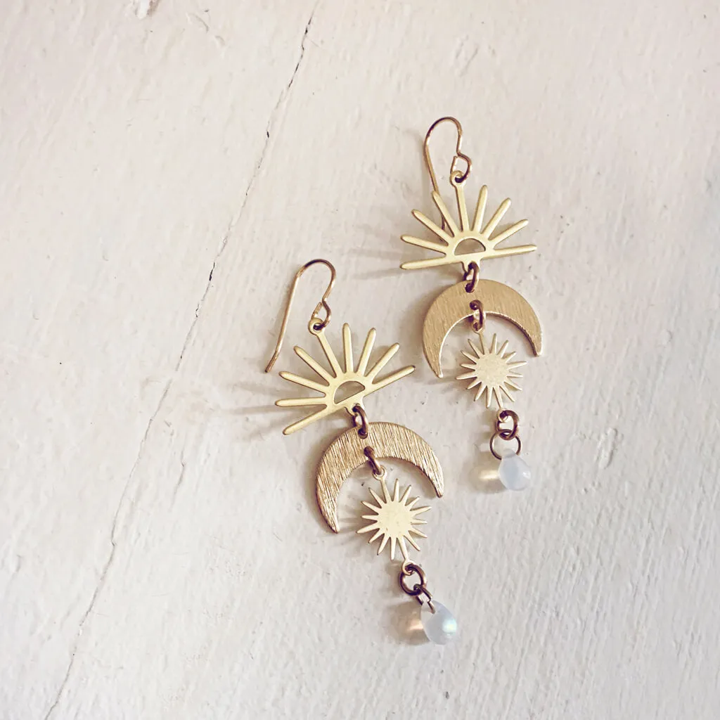 here comes the sun // sun moon and beach glass dangle earrings