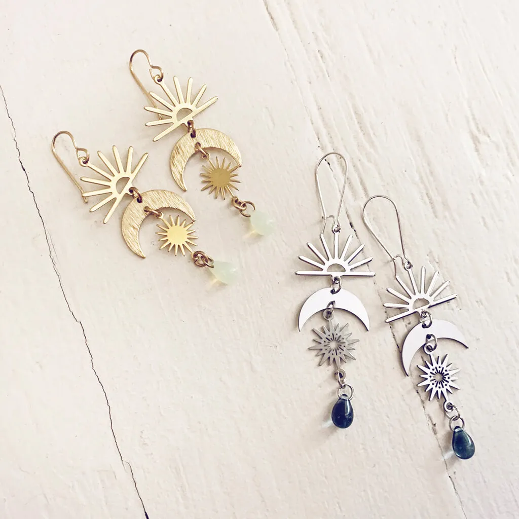 here comes the sun // sun moon and beach glass dangle earrings