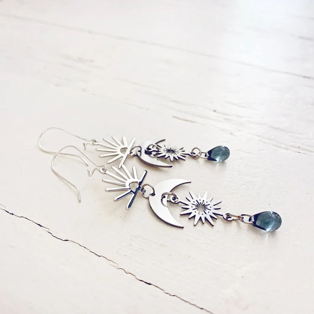 here comes the sun // sun moon and beach glass dangle earrings