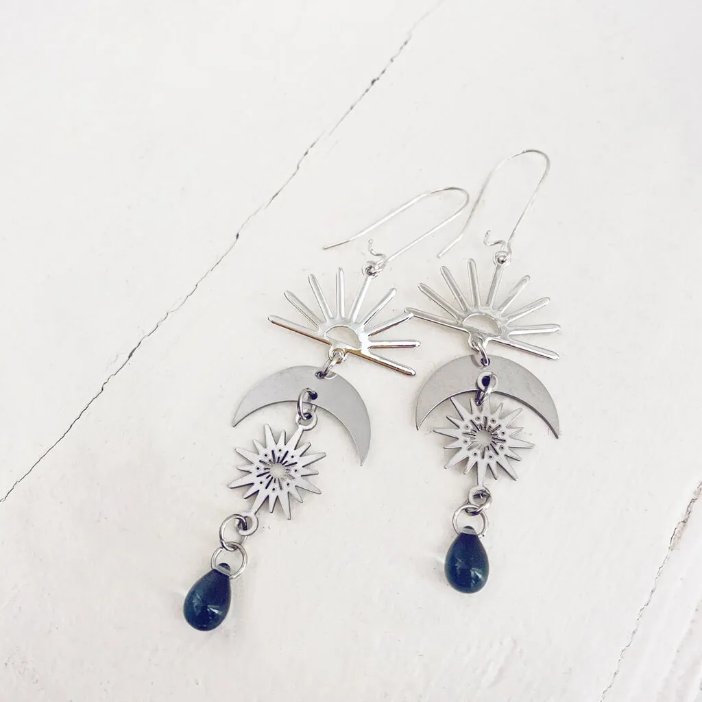 here comes the sun // sun moon and beach glass dangle earrings