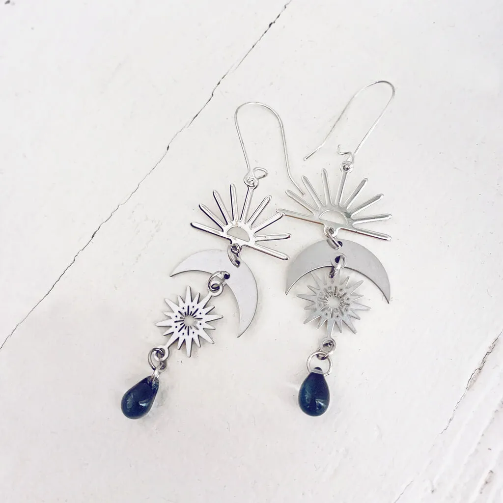 here comes the sun // sun moon and beach glass dangle earrings