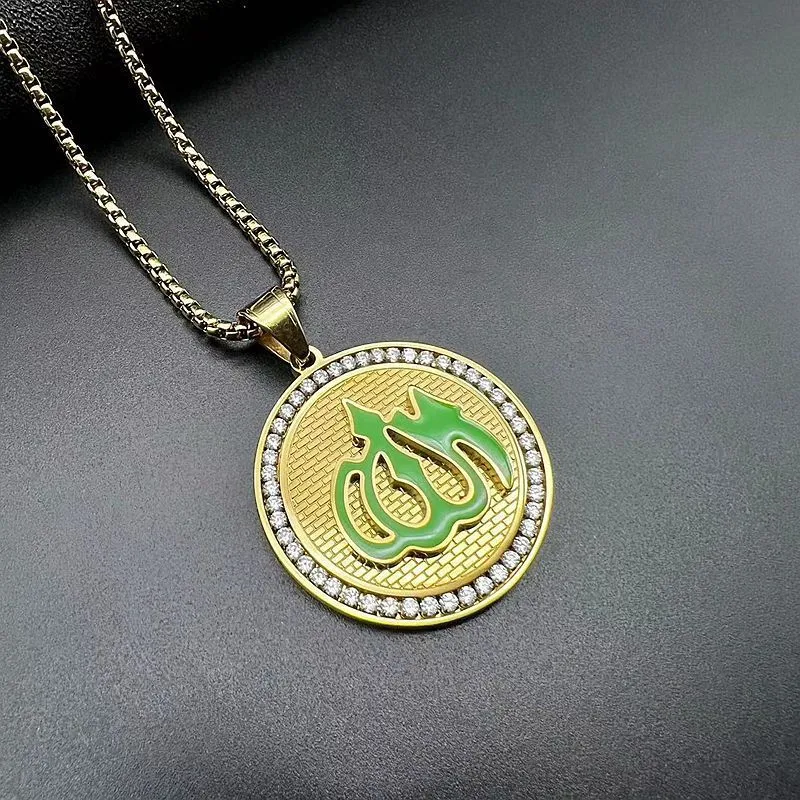 Hip Hop Stainless Steel Color Preserving Gold Plated Zircon Green Truth Symbol Pendant