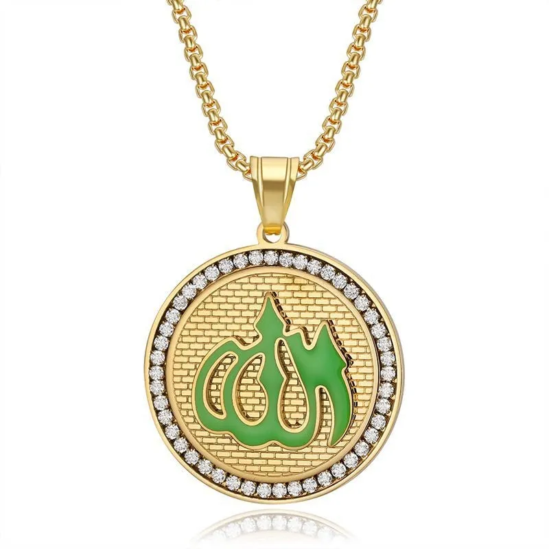 Hip Hop Stainless Steel Color Preserving Gold Plated Zircon Green Truth Symbol Pendant