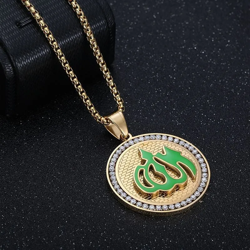 Hip Hop Stainless Steel Color Preserving Gold Plated Zircon Green Truth Symbol Pendant