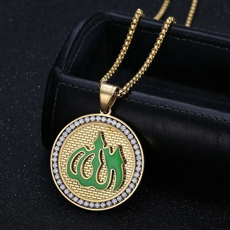 Hip Hop Stainless Steel Color Preserving Gold Plated Zircon Green Truth Symbol Pendant