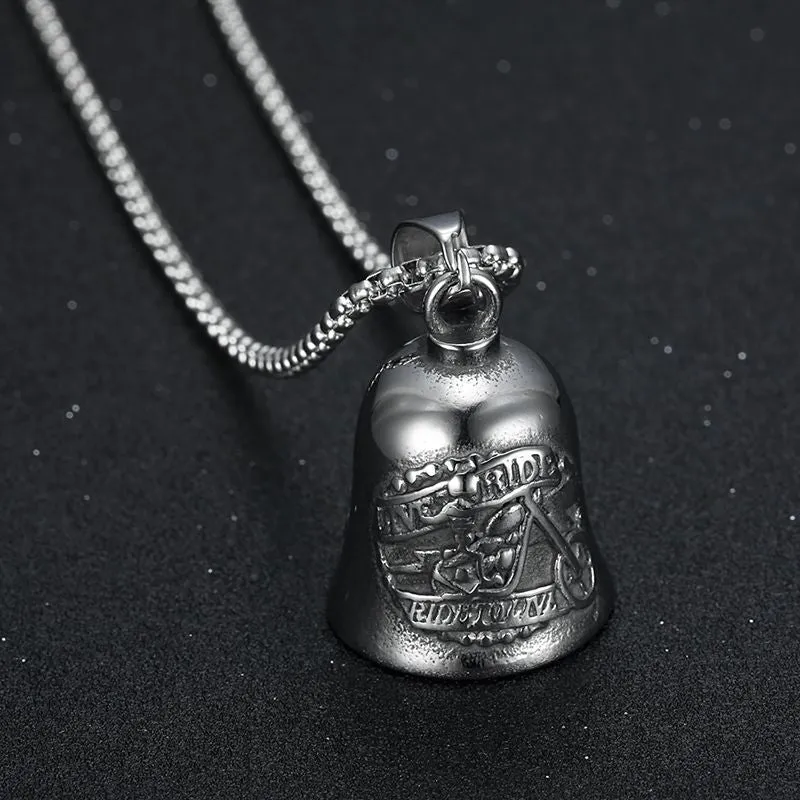 Hip Hop Titanium Steel Polished Vintage Punk Motorcycle Skull Figure Riding Lucky Bell Pendant