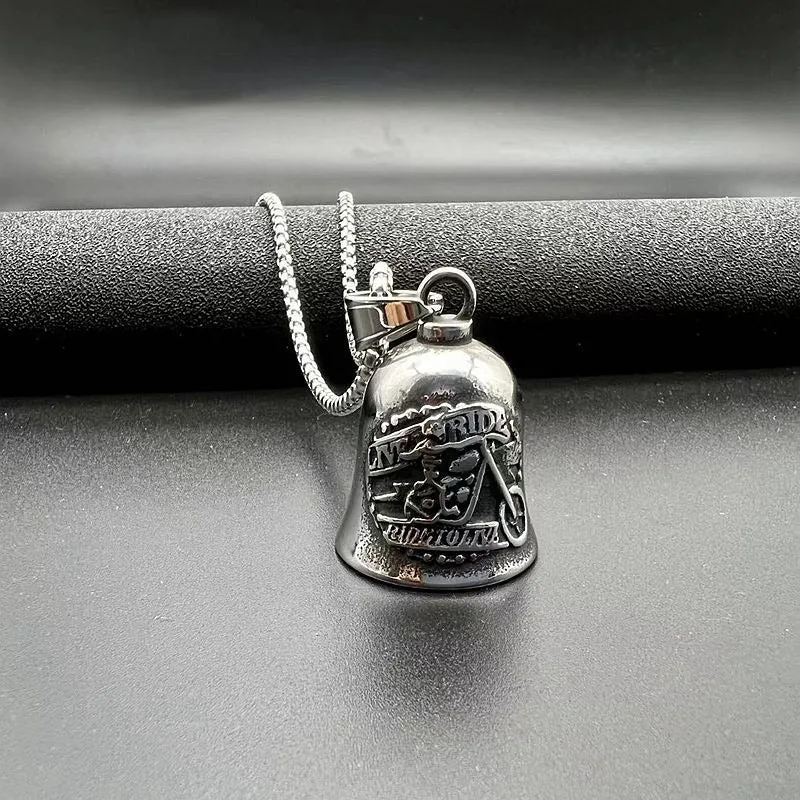 Hip Hop Titanium Steel Polished Vintage Punk Motorcycle Skull Figure Riding Lucky Bell Pendant