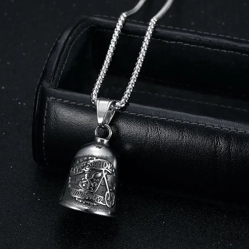 Hip Hop Titanium Steel Polished Vintage Punk Motorcycle Skull Figure Riding Lucky Bell Pendant