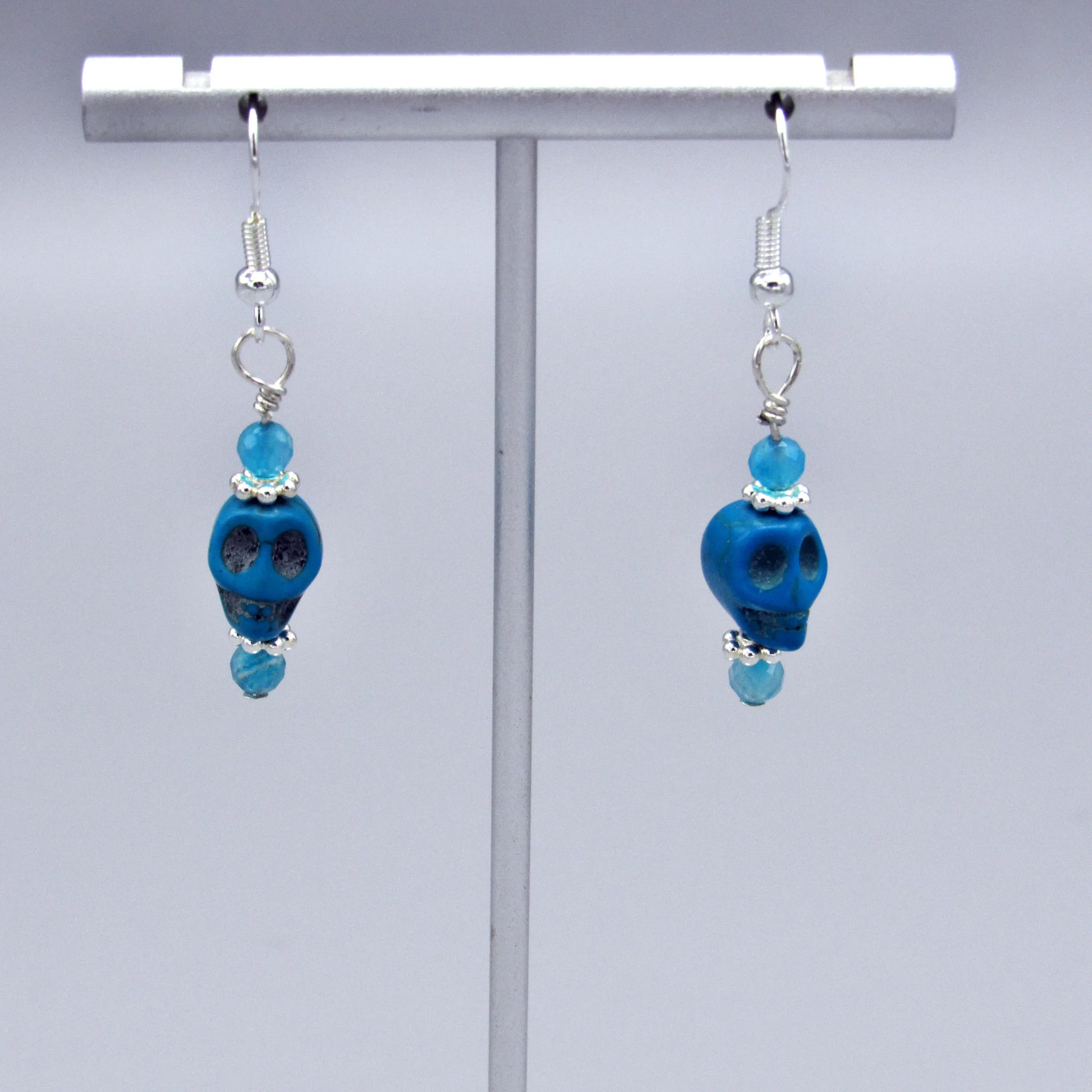 Howlite Gemstone Skull, Apatite, Sterling Silver Drop Earrings