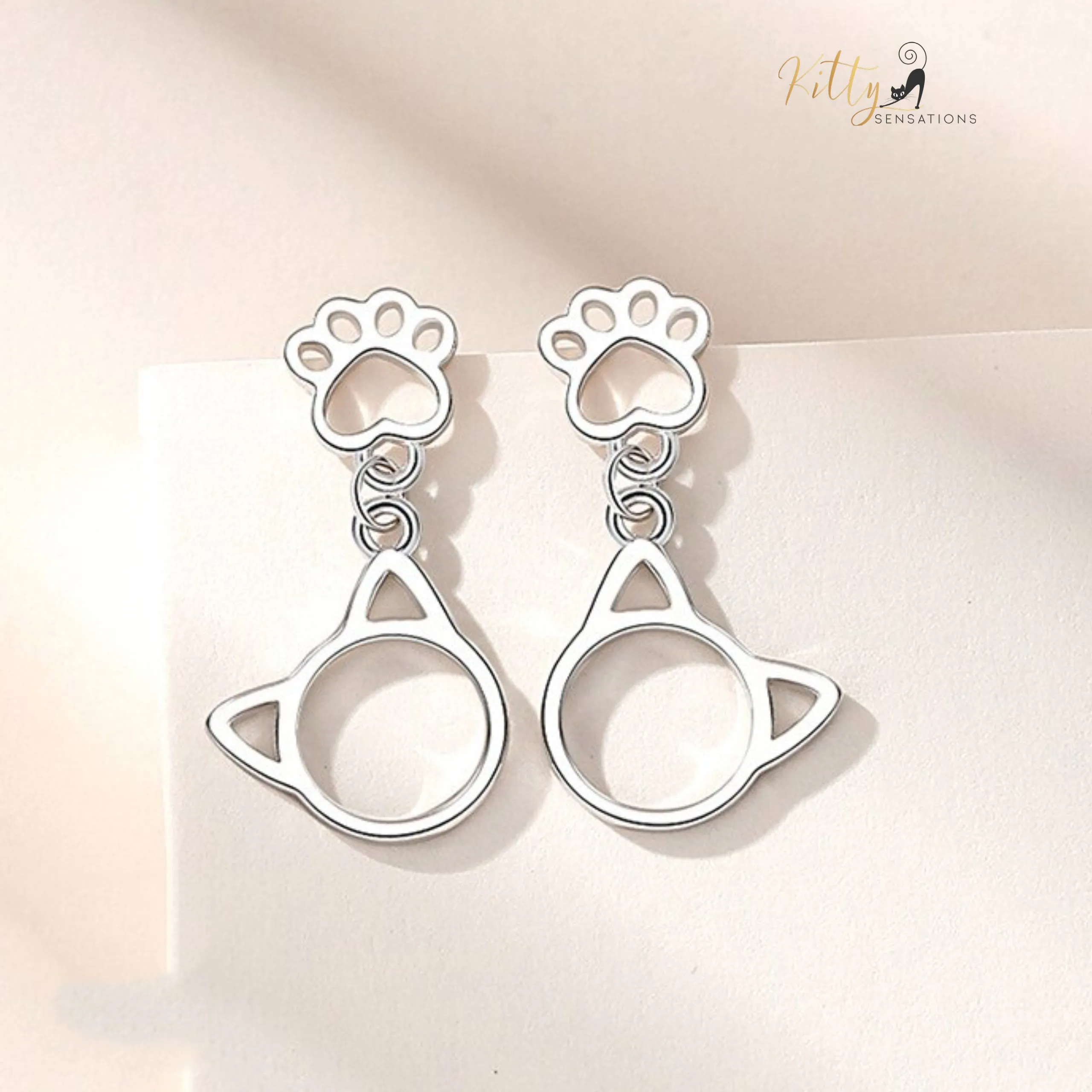 Kitty Face Kitty Paw Drop Earrings in Solid 925 Sterling Silver