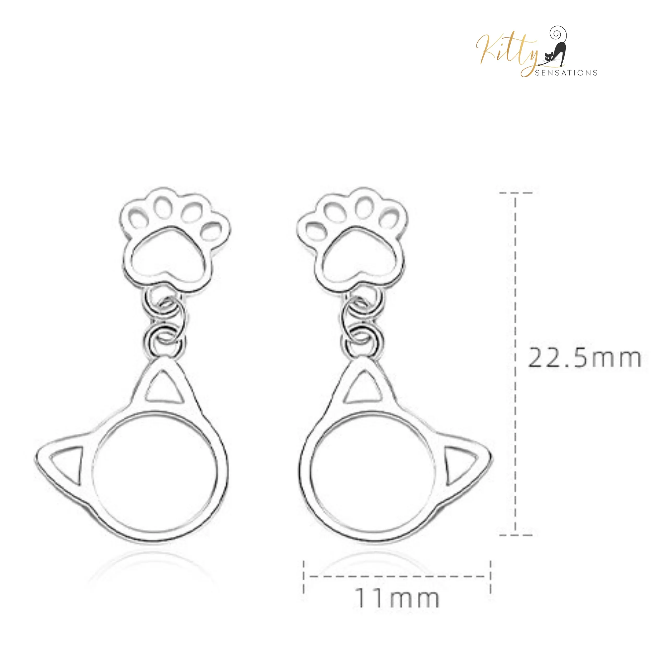 Kitty Face Kitty Paw Drop Earrings in Solid 925 Sterling Silver