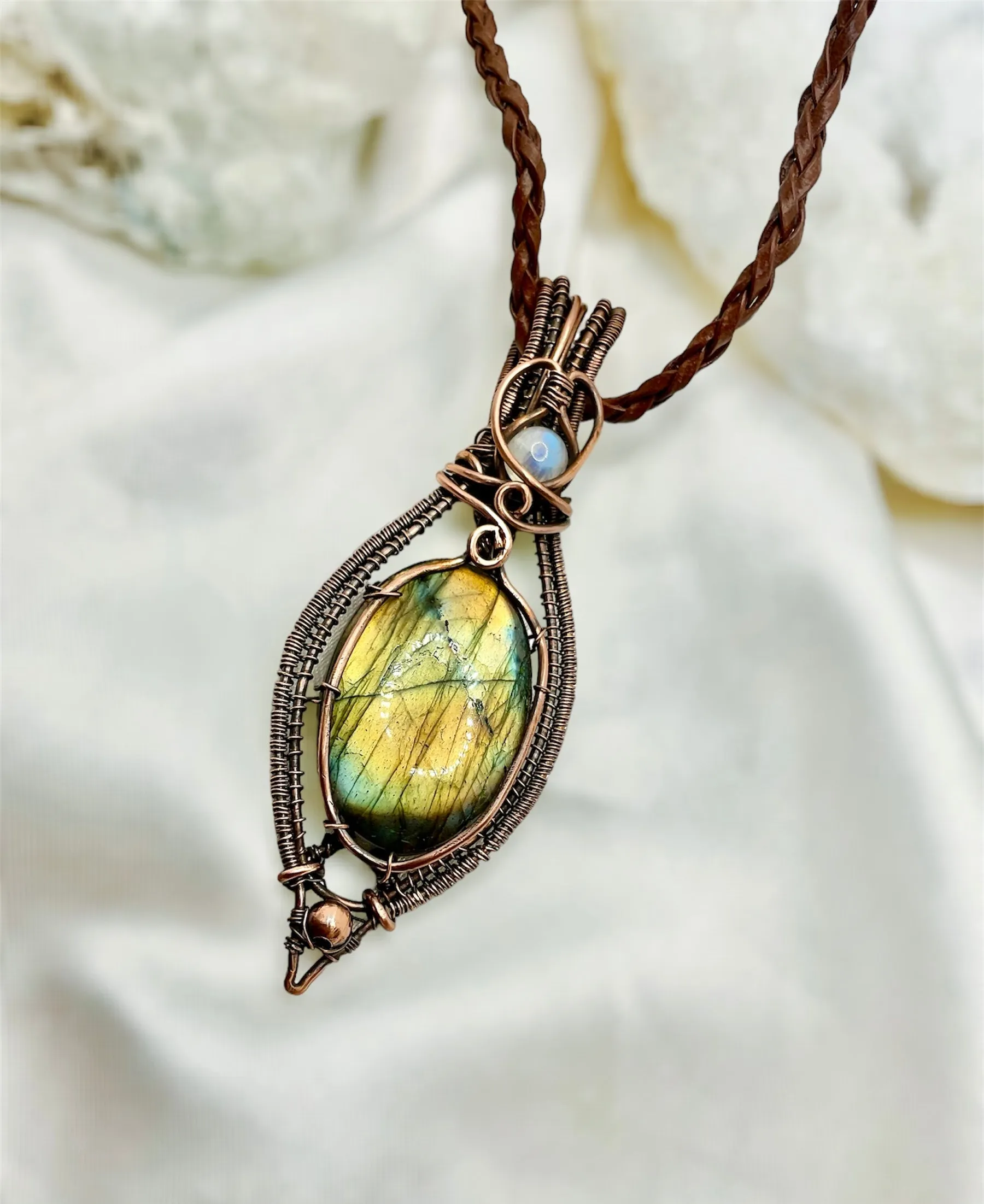 Labradorite and Moonstone Wire Wrapped Pendant