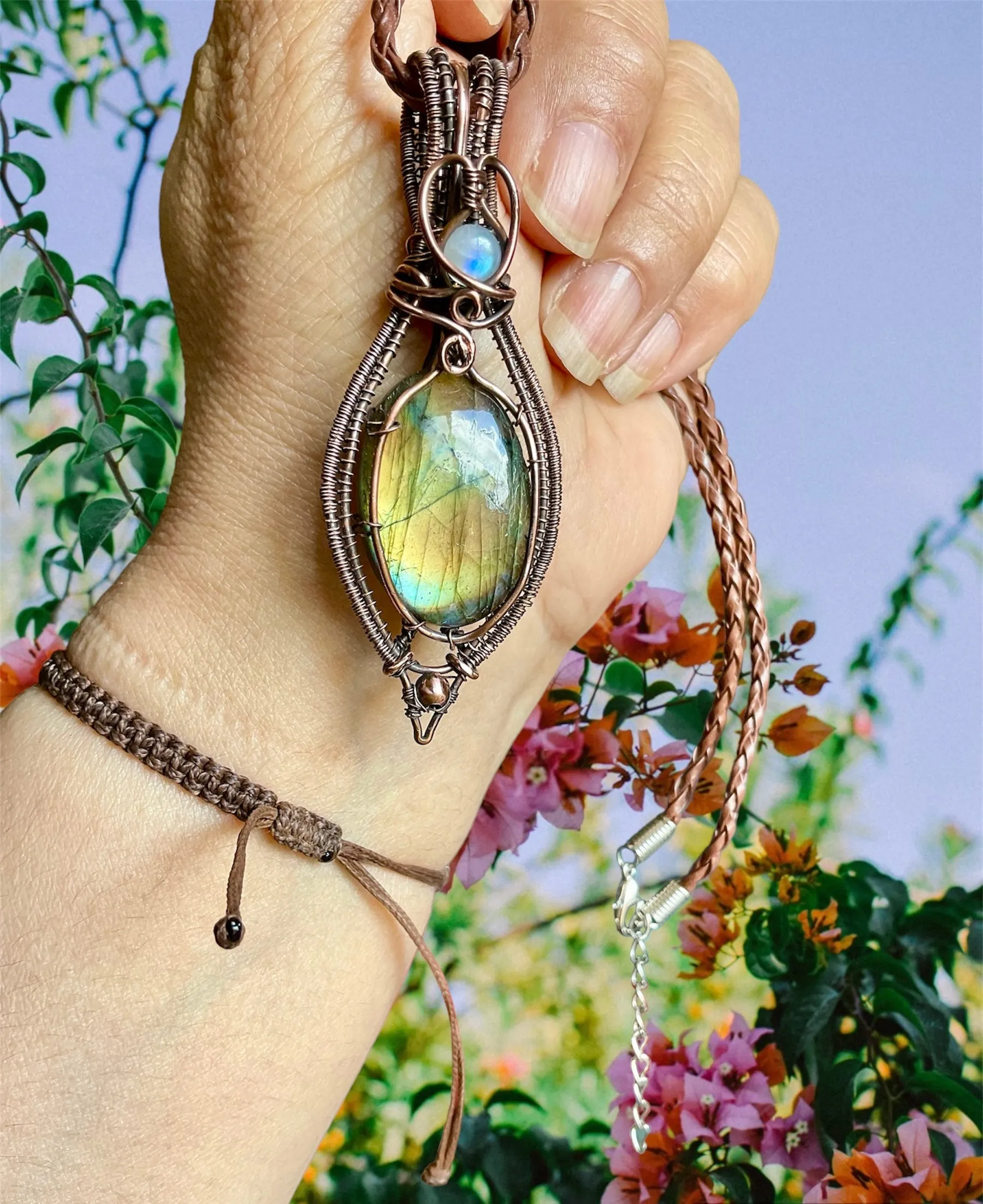 Labradorite and Moonstone Wire Wrapped Pendant