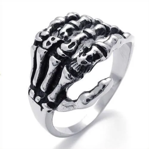 Men Biker Tribe Gothic Stainless Steel Skull Skeleton Bone Hand Ring