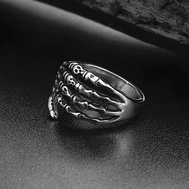 Men Biker Tribe Gothic Stainless Steel Skull Skeleton Bone Hand Ring