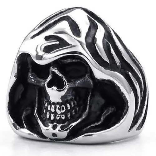 Men Stainless Steel Ring, Gothic Casted Grim Reaper Skull, Black