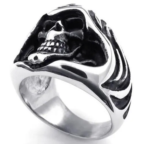 Men Stainless Steel Ring, Gothic Casted Grim Reaper Skull, Black