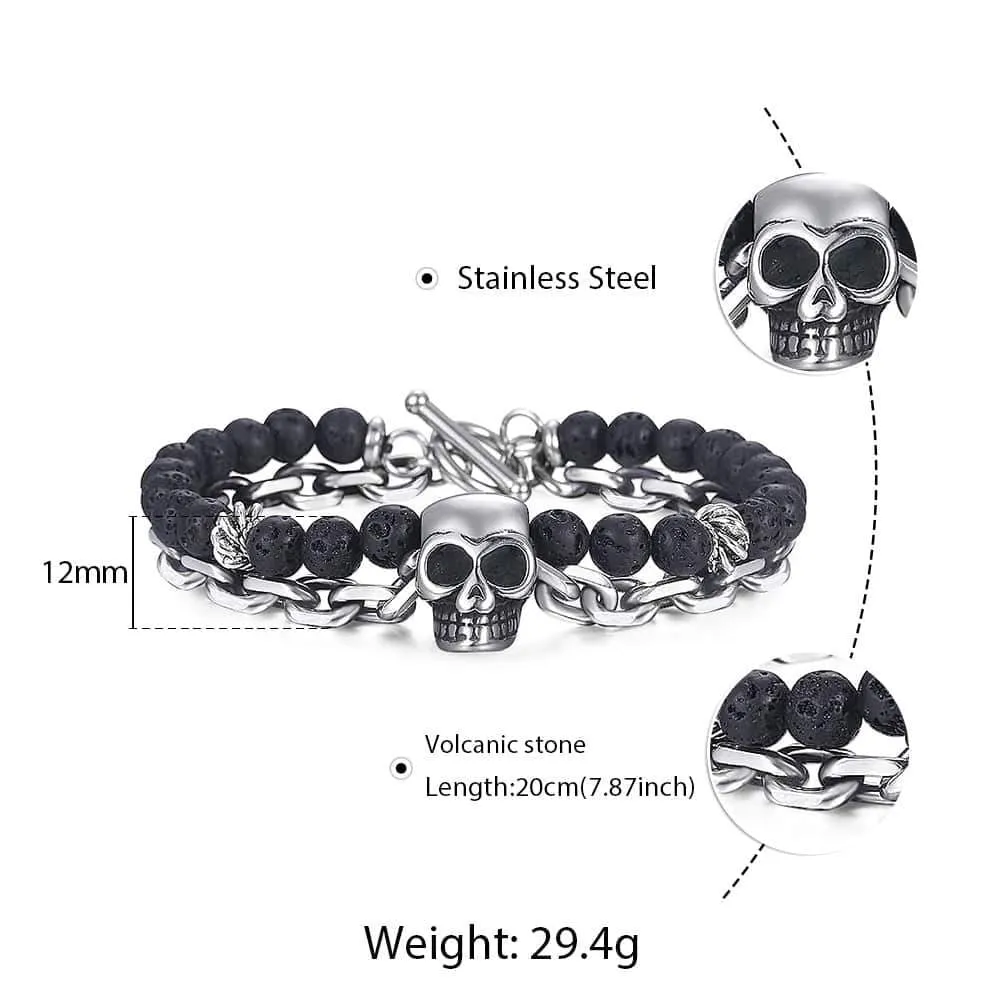 Men's Stainless Steel and Lava Rock Black Skull Beaded Bracelet