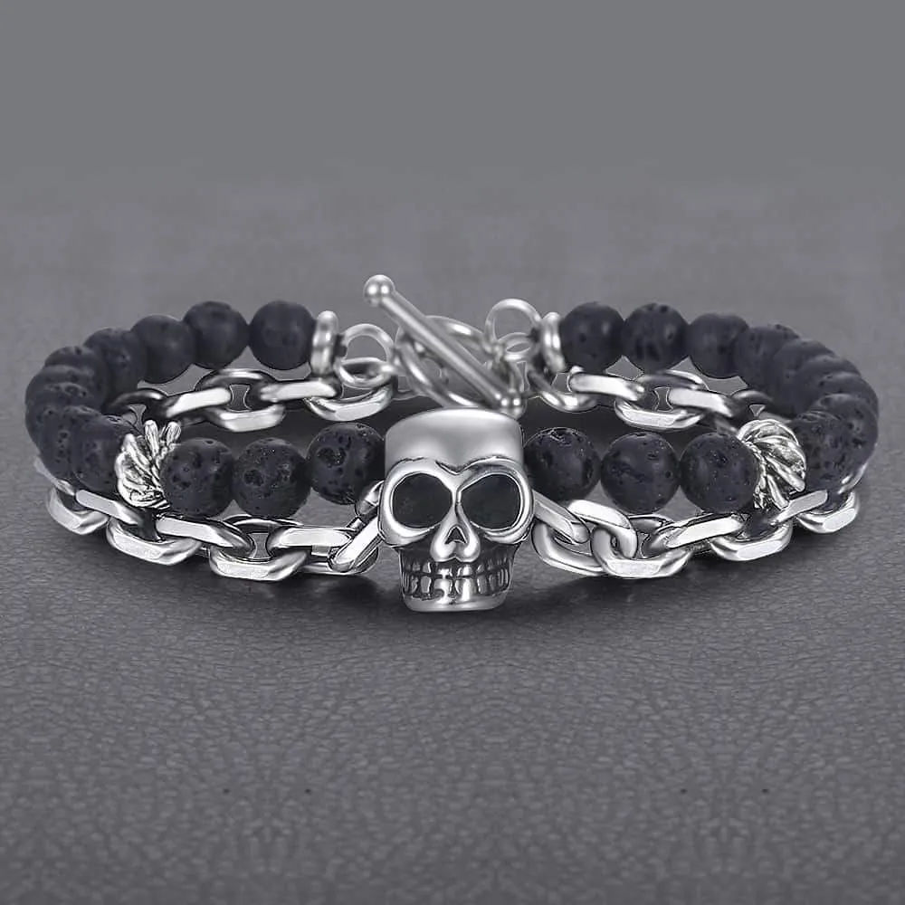 Men's Stainless Steel and Lava Rock Black Skull Beaded Bracelet