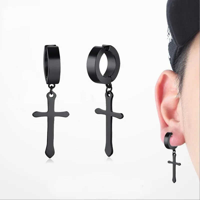 Men's Stainless Steel Black Crucifix Drop Earrings