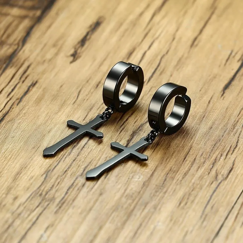 Men's Stainless Steel Black Crucifix Drop Earrings