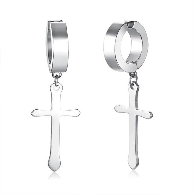 Men's Stainless Steel Black Crucifix Drop Earrings