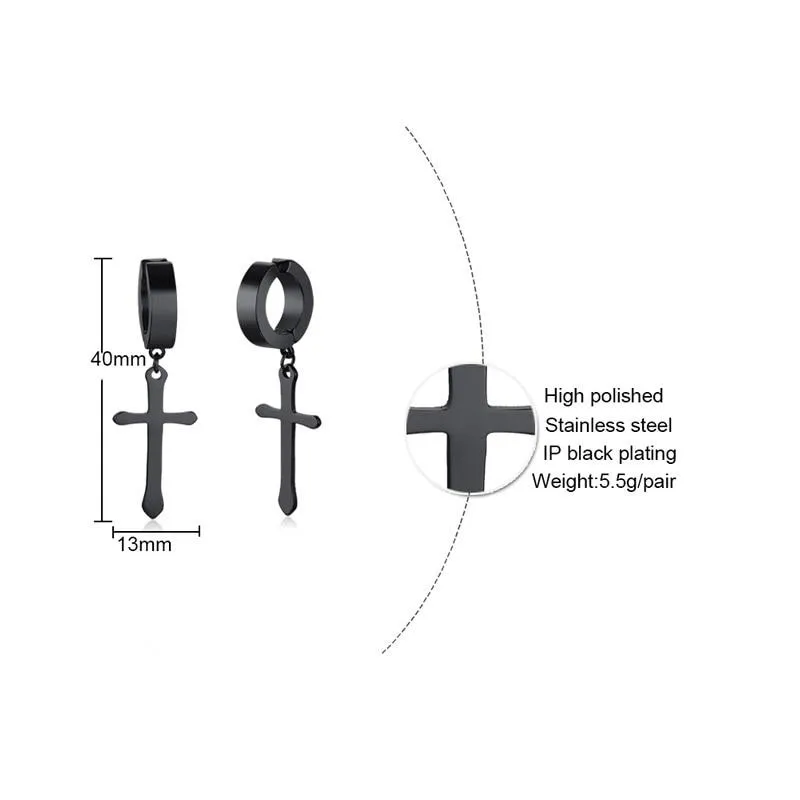 Men's Stainless Steel Black Crucifix Drop Earrings