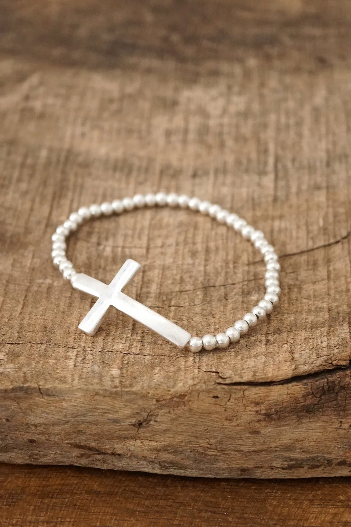 Minimal Cross Stretchy Bracelet in Worn Silver tone with Ball Beads