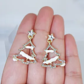 Minimalist Rhinestone Snowy Gold White Christmas Tree Star Topper Dangle Earrings, Crystal Tree Earring, Statement Christmas Earring.